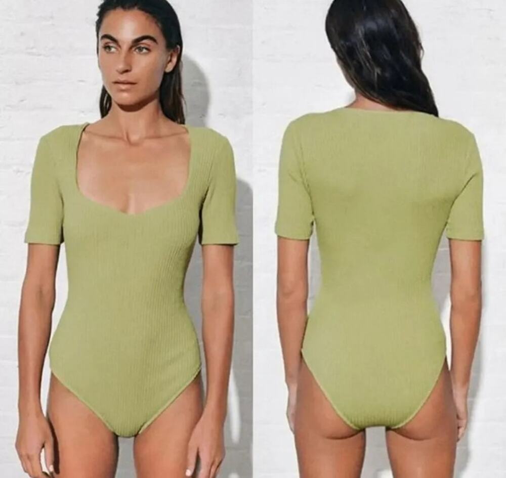 Mara Hoffman Medium Marlowe Ribbed Knit Bodysuit Green Organic Cotton Flaw AX6